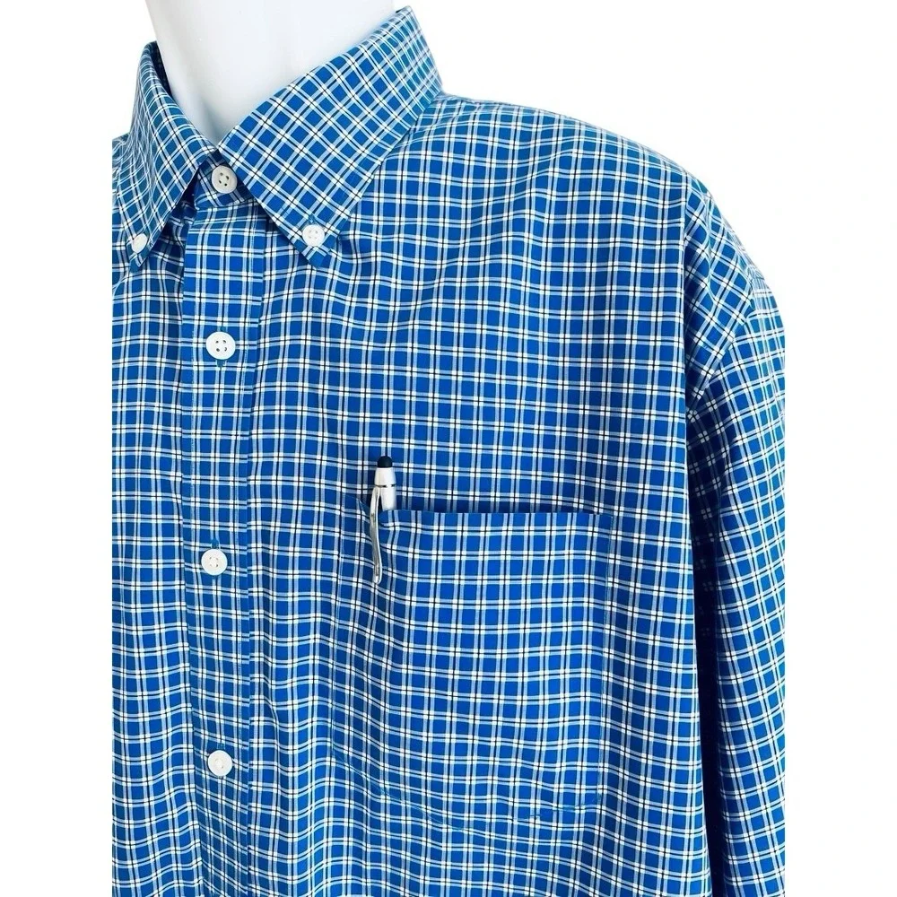 LL BEAN Men Shirt‎ XL TALL Check Teal Wrinkle Free Preppy Button Down